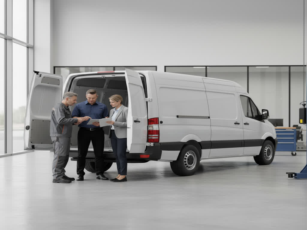 Furgón de carga en taller, con concesionario, carrocero y aseguradora coordinando la entrega
