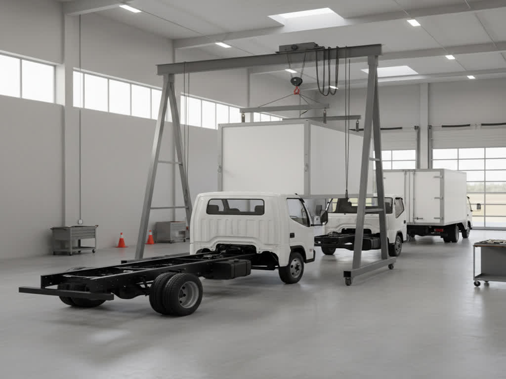 Camión en taller de carrocerías durante integración y pruebas